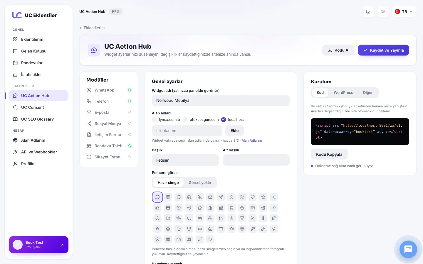 UC Action Hub modül ayarları ekranı