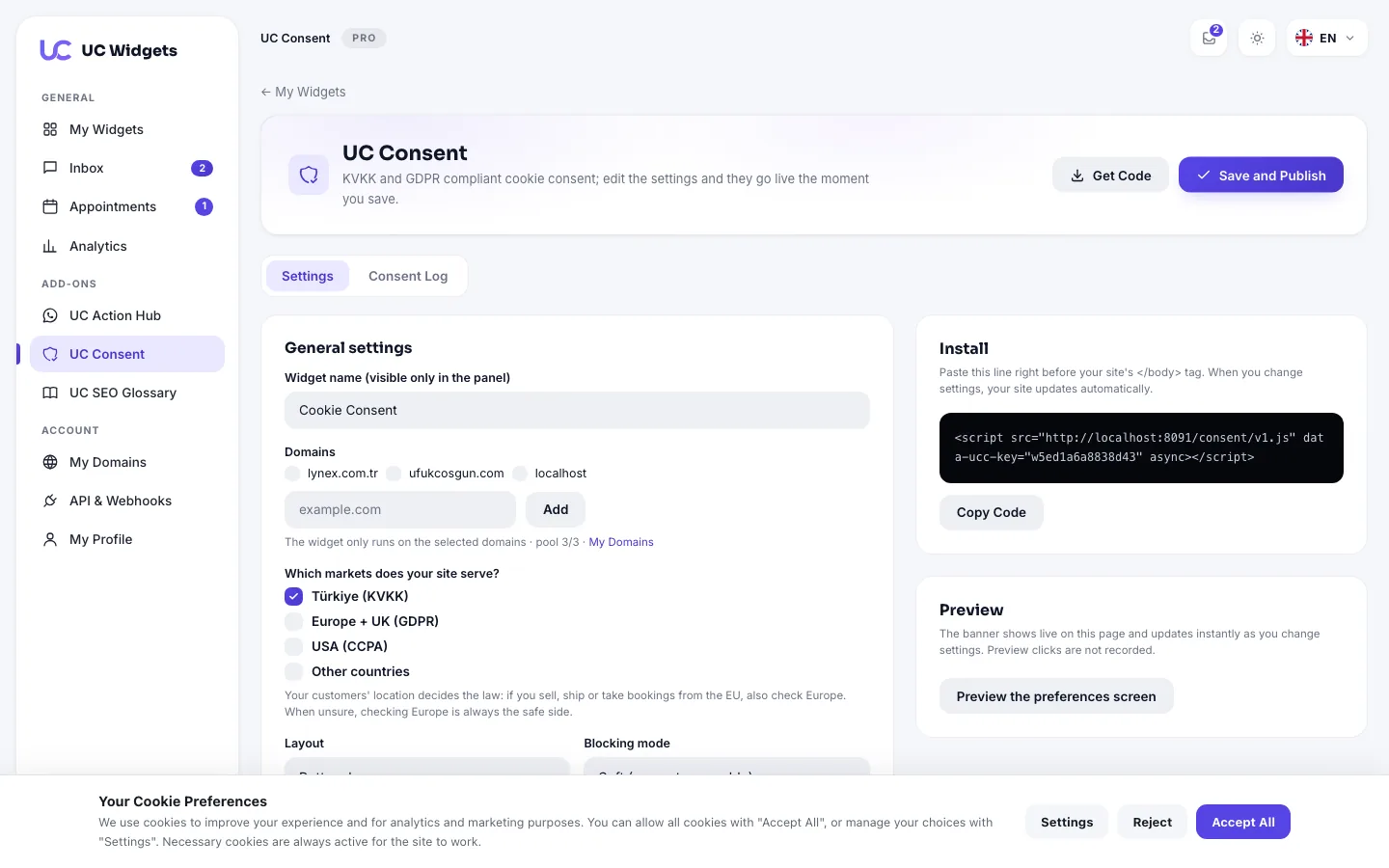 UC Consent panel: market selection (KVKK, GDPR, CCPA), install code and live cookie banner preview